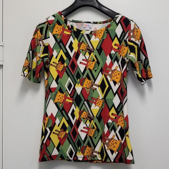 LuLaRoe Tops - LuLaRoe Womens Top Large Holiday Christmas Cat Print Short Sleeve Stretch